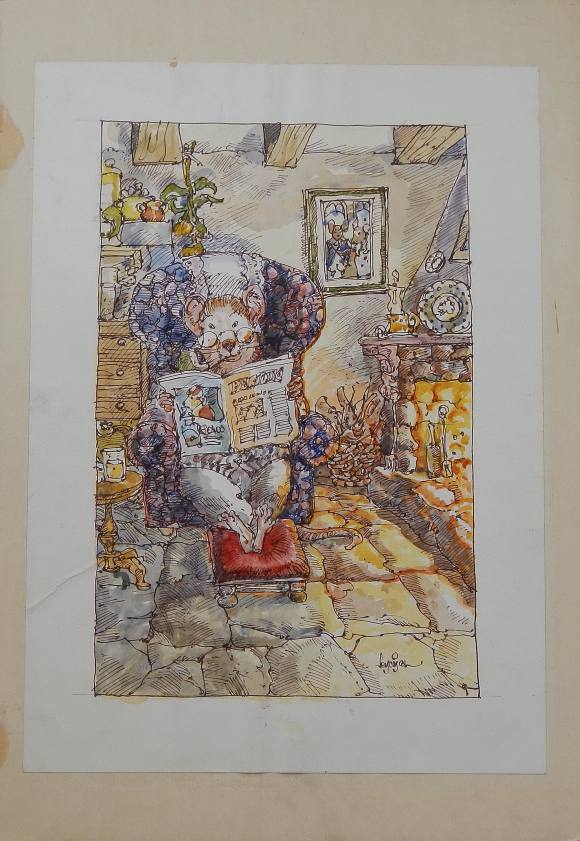 Carlos Enrique Lencinas Gómez. Tinta y acuarela sobre papel. ”Ratón leyendo periódico en sofá”. Firmado a mano. 50x35 cm.