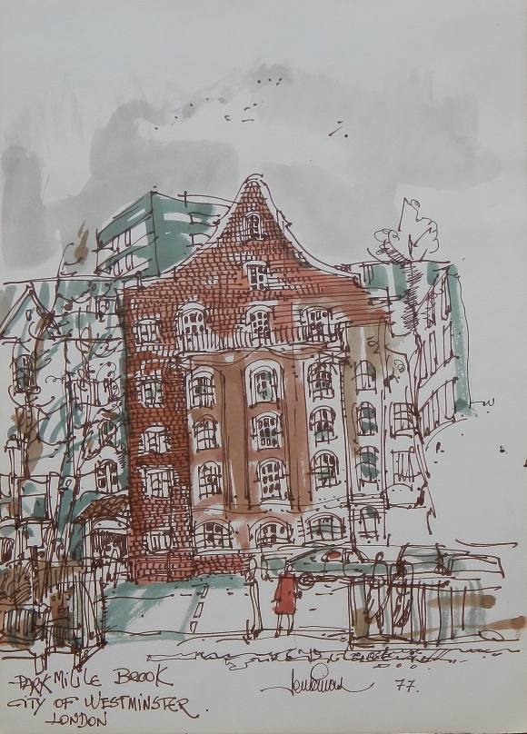 Carlos Enrique Lencinas Gómez. Tinta y acuarela sobre papel. ”Londres. 1977. Park. Westminster”. Firmada a mano. 33x24 cm. 