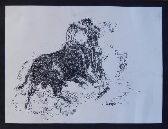 Carlos Enrique Lencinas Gómez. Tinta sobre papel. ”Torero, toro y banderillas”. Firmada a mano. 25x33 cm. 