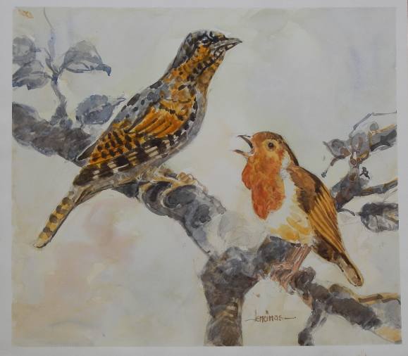 Carlos Enrique Lencinas Gómez. Acuarela sobre papel. ”Pájaros o aves en ramas”. Firmado a mano. 32x25,5 cm. 